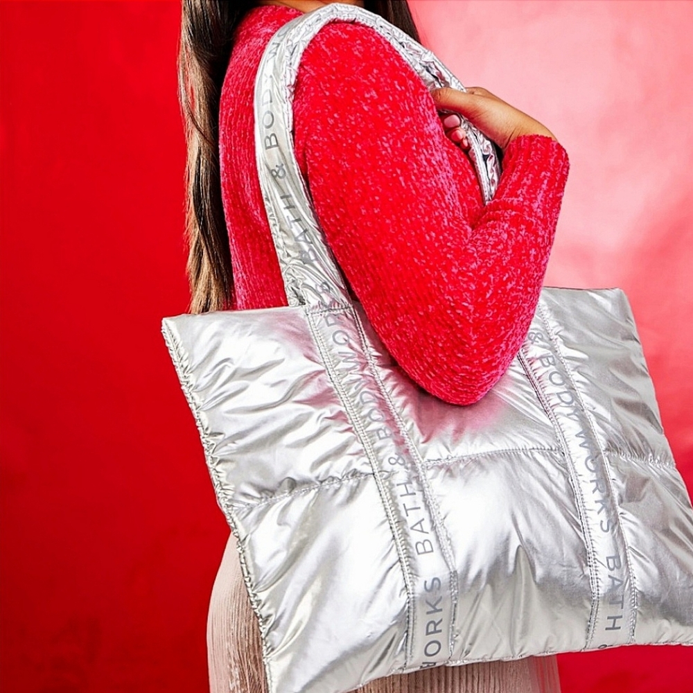 Bath and Body Works Silver Quilted Puffer Tote Large